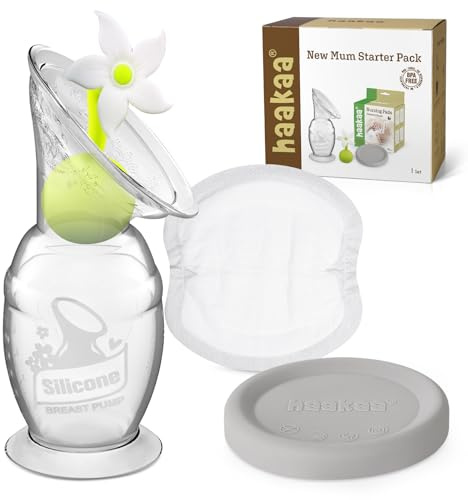 haakaa New Mum Starter Pack, Silicone Manual Breast Pump with Silicone Cap & Flower Stopper (5oz/150ml), Disposable Nursing Pads 36 Count for Breastfeeding