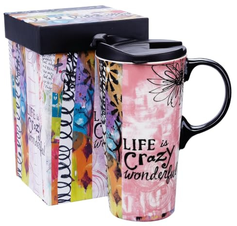 DUSVALLY Ceramic Coffee Mug with Lid Porcelain Cup with Color Box 17oz.Life Crazy Wonderful