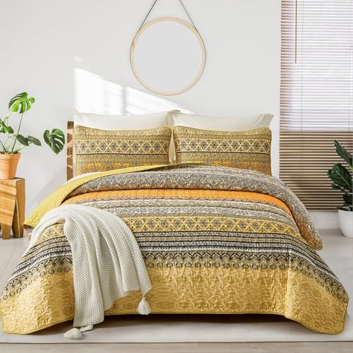 WONGS BEDDING Yellow Orange Bohemian King Quilt, Boho Quilt King Size, Lightweight Microfiber Bed Decor Bedspread for All Season 103x90(3 Pieces) | Bohemian Lightweight Polyester, Breathable All-Season Coverlet, 3-Pieces Set with Shams King 104x90, Bedroom, Guest Room