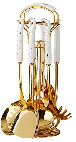 Juego de utensilios de cocina con soporte Juego de utensilios de cocina de acero inoxidable Mango de cerámica Herramienta de cocina de estilo de casa de campo Gadget de cocina para utensilios de coc