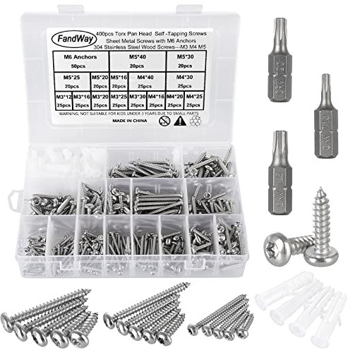 FandWay 400Pcs Torx Self-Tapping Screws,M3 M4 M5 Wood Screws Kit,Pan Head Torx Security Anti-Theft Screw,304 Stainless Steel Self Drilling Sheet Metal Screw With 3 bits and M6 Anchors.