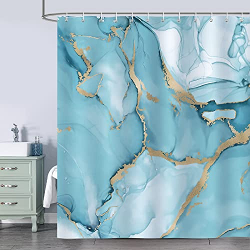 Bonhause Duschvorhang Türkis und Gold Marmor Modern Abstrakt Duschvorhänge 180 x 180 cm Anti-Schimmel Wasserdicht Polyester Stoff Waschbar Bad Vorhäng für Badzimmer mit 12 Haken