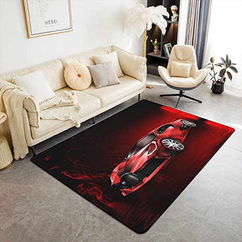 Loussiesd Cool Rennwagen Modern Teppich Wohnzimmerteppich 150x200cm Geschwindigkeit Sport Auto Teppiche Für Wohnzimmer Schlafzimmer Extreme Sport Rot und Schwarz Indoor Fußmatte
