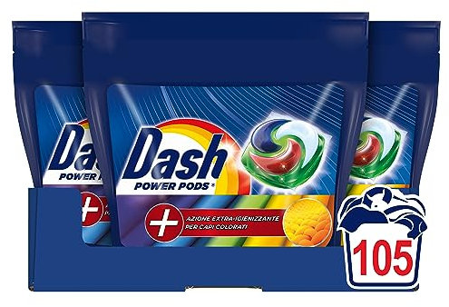 Dash Power Pods Detersivo Lavatrice In Capsule, 105 Lavaggi (35x3), Azione Extra-Igienizzante Per Capi Colorati, Contro Sporco E Batteri, Efficace Anche A Freddo E In Cicli Brevi