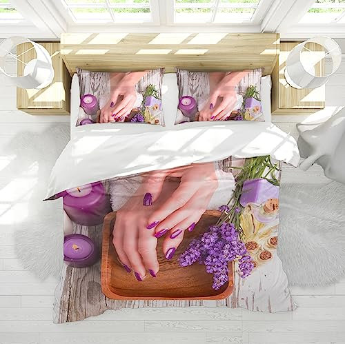 HOBBOY Graues Holz strukturiertes 3-teiliges Bettwäsche-Set Lila Kerze &; Blumenmuster Bettbezug mit Reißverschluss 4 Eckbinder 2 Kissenbezüge 200x200 cm