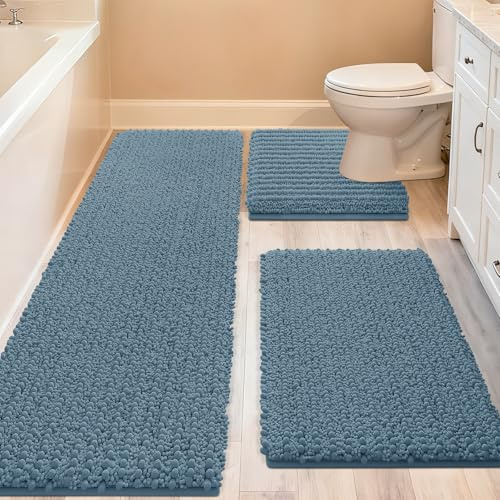 ACCUMTEK Upgrade Extra Large Haze Blue Bathroom Rug Set 3 Pieces Ultra Soft, Thick Absorbent Bath Mats, Non Slip Chenille Toilet Mat for Bathroom, Bedroom, Kitchen, Stone Blue