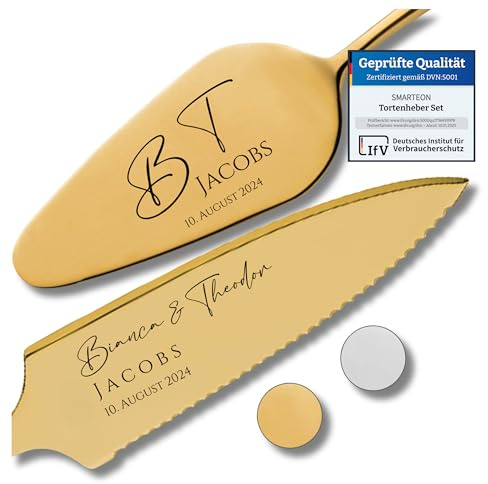 SMARTEON Cake-Server Set mit Tortenmesser und Personalisierter Gravur Initialen – Hochzeitsgeschenke für Brautpaar, Geburtstag, Jubiläum, Geschenkidee für Paare – Goldfarbenes Set in Geschenkbox