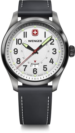 Wenger Reloj de Pulsera de Hombre Terragraph, Ø 43 mm, Swiss Made, Cuarzo analógico, Sumergible hasta 100 m, Pulsera de Piel, Blanco/Negro