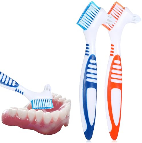 WLLHYF Juego de 2 cepillos de dientes para dentaduras postizas de doble cara, juego de limpiador de dentaduras postizas de alta calidad, cerdas multicapa, mango de goma (azul/naranja)