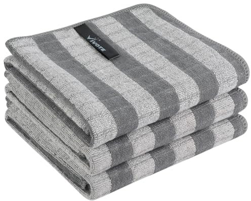 VIVOTE Microfiber Bamboo Tea Towels for Kitchen, Super Soft & Absorbent Tea Towel, Unique Style Terry Towels, Grey 40x60cm, 3Pieces