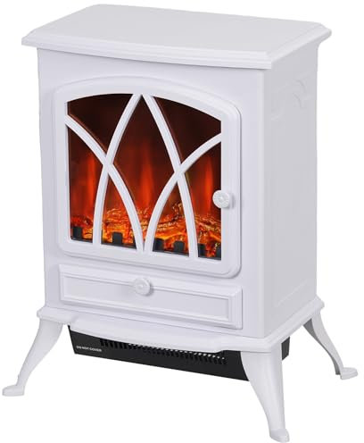 HOMCOM Electric Stove Heater with Realistic Flame Effect, 2000W Portable Indoor Freestanding Electric Fireplace with Adjustable Thermostat, White