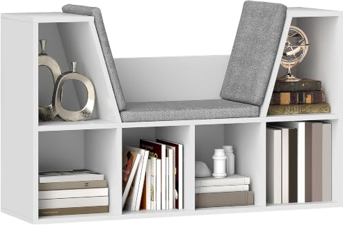 HOMCOM Bücherregal mit Sitzbank Fächern Bücherschrank 105 x 30 x 63 cm Weiß | Aufbewahrungsregal, Spielzeugregal, für Schlafzimmer