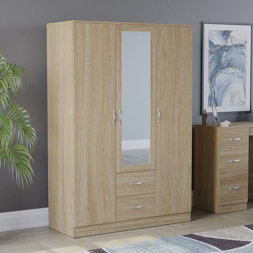 Vida Designs Riano 3 Door Mirrored Wardrobe | Pine | Bedroom Furniture | 170H x 115.4W x 53D cm | with Shelf & Hanging Rail | Large Capacity Storage