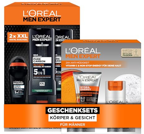 L'Oréal Men Expert Pflegesets für Gesicht und Körper für Männer, Mit Waschgel, Gesichtscreme, 2x Duschgel und Deo Roll-On, Geschenke für Herren, Hydra Energy, Pure Carbon, 5-teilig