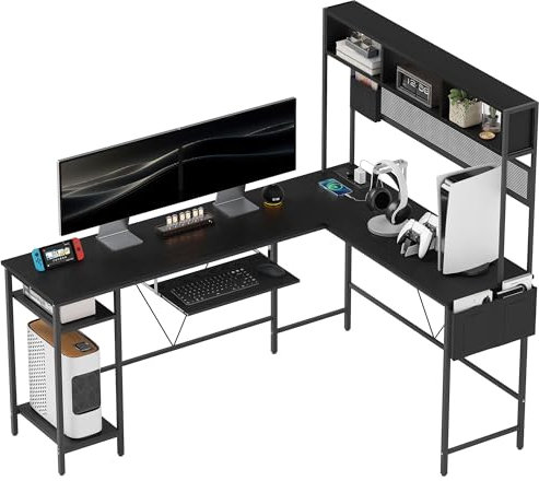 HOMCOM Bureau d'angle modulable réversible, Bureau avec Rangement 160-240 cm Style Industriel - Prise et Port USB, étagères de Rangement et Plateau Clavier, Bureau d'ordinateur pour 2 Personnes, Noir
