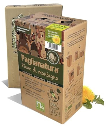 Paglianatura Dispenser Fieno di Montagna Anti-Spreco per Conigli e Roditori | Box Dispenser in Cartone Fieno di Montagna con Tarassaco | Riduce Sprechi e Mantiene la Gabbia Pulita