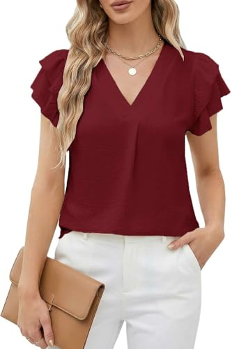 Teesho Damblus kortärmad elegant skjortblus sommartoppar volanger ståkrage arbete tunika skjorta toppar volang ärmar skjortor, XL