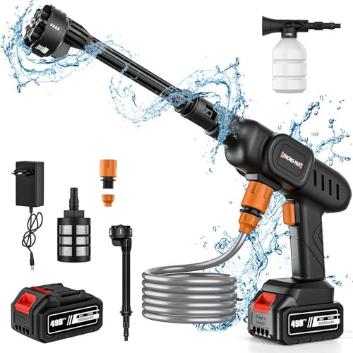 Qawner Nettoyeur Haute Pression, Pistolet Haute Pression sans Fil, 60Bar, Multi-Usage, Buse Pivotante, Jaune, Alimenté par Pile