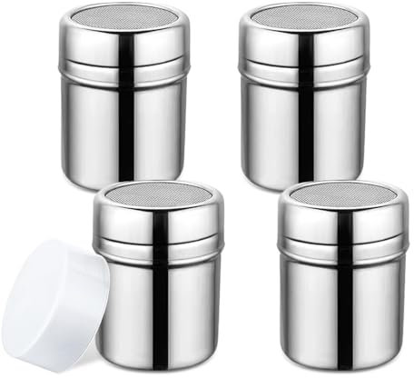 YZROHYI 4 Piezas Espolvoreador Cacao en Acero Inoxidable,Dispensador de Canela en Polvo,Espolvoreador Azucar Glass con Tapa,Tamizador Cacao,Espolvoreador de Queso,Espolvoreador de Harina Fina