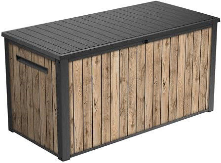 Keter Sierra Auflagenbox/Kissenbox 643 Liter | 100% Wasserdicht mit Belüftung dadurch kein übler Geruch/Schimmel Moderne Holzoptik | Deckel belastbar bis 250 KG | Deckel mit Gasdruckfedern