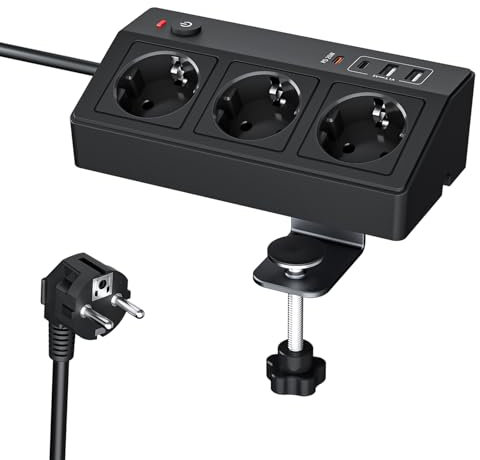 LustLocke Tischsteckdose mit USB C PD 20W, 7 in 1 Schreibtisch Steckdose mit Schalter, 3 Fach Mehrfachsteckdose 4 USB mit 2M Kabel, 4000W/16A Steckdosenleiste Schreibtisch für Zuhause Büro (Schwarz)