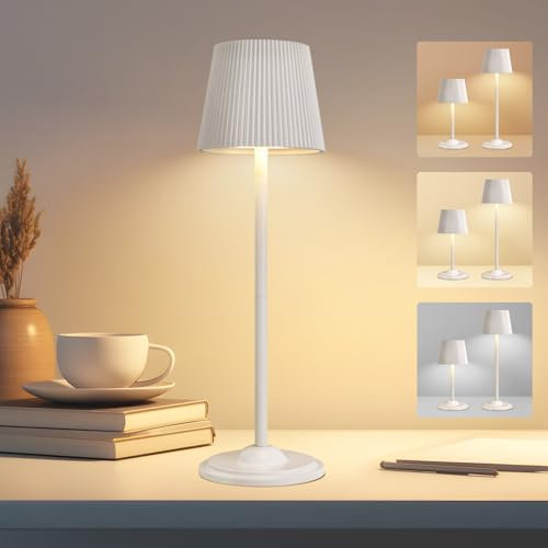 VKH Lampe de Table LED Sans Fil Blanche, Tactile Dimmable à 3 Températures de Couleur, Rechargeable USB-C, Design Ondulé Démontable et Portable, Pour Chambre Salon Bureau Intérieur Extérieur