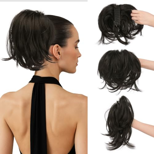 Sofeiyan Haarteil mit Klammer,Haarteil Zopf mit Flexiblem Draht für DIY | Kurze Pferdeschwanz Haarverlängerung,Glattes Kunsthaar Ponytail Extension Perücke für Dünnes Haar,Schwarz Braun