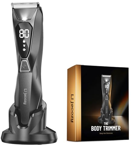 Lijecozy Body Hair & Pubic Hair Trimmer for Men - Electric Ball Shaver with LED Light & Display, Waterproof Wet/Dry Groomer Kit with Wireless Charging & 3 Combs, Ceramic Blade Technology