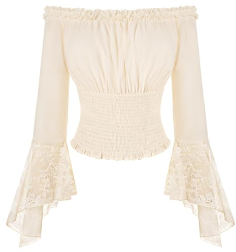 SCARLET DARKNESS Women Medieval Blouse Elastic Waist Shirts Long Puff Sleeve with Lace Vintage Blouses Apricot XXL