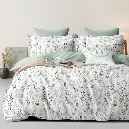 Nesture Bettwäsche 155x220 2teilig Mikrofaser, Grüne Blätter Blumen | 1x Bettbezug 155x220 + 1x Kissenbezug 80x80cm mit Reißverschluss, Bettwäsche-Sets Wendebettwäsche, weich & bügelfrei
