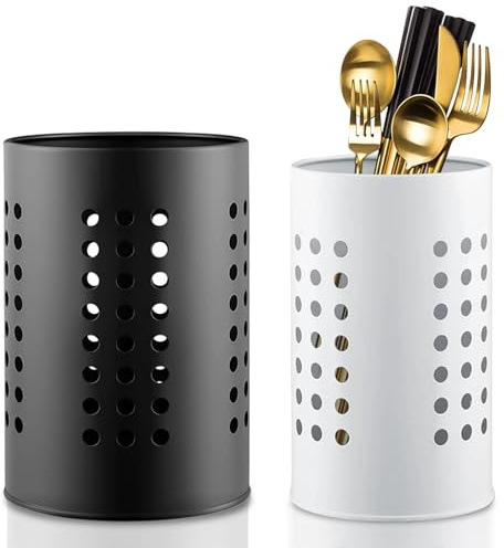 Eulihent 2 Pcs Black Utensil Holder White Stainless Steel Cutlery Holder Pot Utensil Drainer Cutlery Caddy Kitchen Utensils Holder for Countertop Forks Knives Spoons Organizer (12*18cm/10*16.5cm)