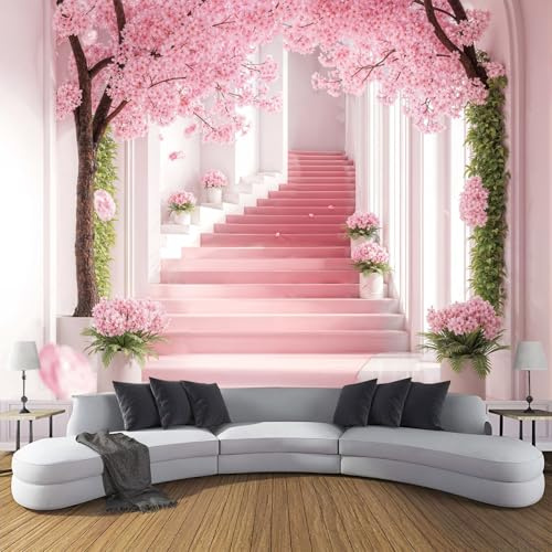 Papel Pintado 3D Escaleras Columnas Romanas 250×175cm Fotomurales Tejido No Tejido,Rosa Papel Tapiz Grande Murales Fotográfico Romance Flores Cerezo Decoración de Paredes