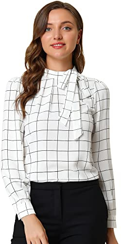 Allegra K Camicetta Ufficio Elegante Donna Camicia a Quadri Colleto Papillon Blusa Casual Lavoro Bianca S