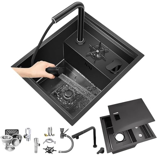 BYFHHHH Évier De Cuisine Encastré, avec Couvercle Et Robinet Extractible, en Acier Inoxydable, Idéal pour Les Petites Cuisines Et Les Espaces De Préparation dans Les Camping-Cars A,45 * 38cm