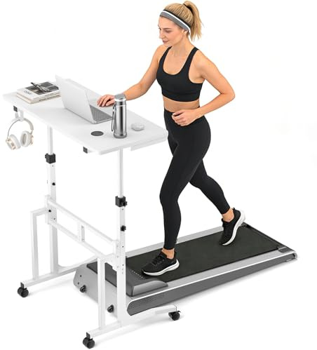 ikkle Höhenverstellbarer Stehschreibtisch auf Rollen, 87x40 cm, Weiß | Höhenverstellbar Beistelltisch für Laufband, Rollentrainer oder Walking Pad, Klein Stehpult Laptop Tish für Heim Büro