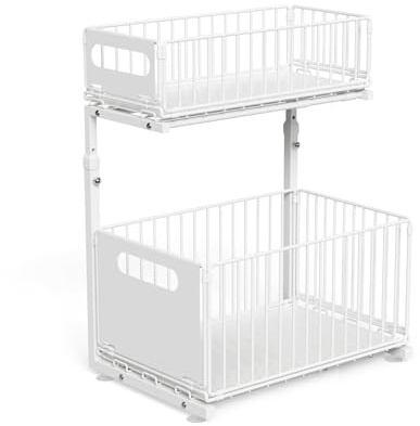 MUL-BOUTIQUE Rangement sous Évier en Métal à 2 Niveaux avec Tiroir de Rangement Coulissant pour Comptoir de Cuisine Organisateur pour Salle de Bain, Cuisine, Acier au Carbone Hauteur Réglable (Blanc)