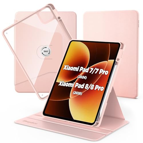 EasyAcc Funda Compatible con Xiaomi Mi Pad 7/ Pad 8/ Pad 7 Pro/Pad 8 Pro | 11.2 Pulgadas , con Soporte para Pencil, Carcasa Soporte Rotación de 360 Grados Protectora Respaldo Clara, Oro Rosa