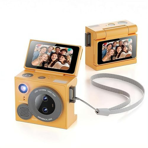 Digital Camera with Flip Screen, Portable Mini Keychain Camera, 1080P HD Video & 21 Filters, Pocket-Size Retro Pendant Cameras for Travel Vlog (Dual-lens Orange)