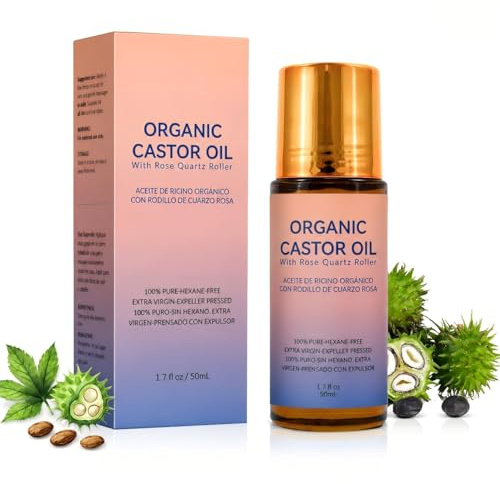 Bio-Rizinusöl mit Roller Ball Rizinusöl Kaltgepresst Bio, Castor Oil Organic, Massageöl Öl, Natürlich, Ohne Hexan, für Haare, Wimpern, Augenbrauen, Körperpflege, Rosenquarz (50ml)