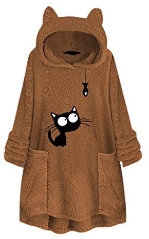 YEBIRAL Damen Herbst Winter Kapuzenpullover Flauschig Teddy-Fleece Winterpullover Hoodie Pullover Warm Bequem Casual Katze-Ohr Langarmshirt Sweatshirt Mit Kapuze(5XL,Y-02 Gelb)