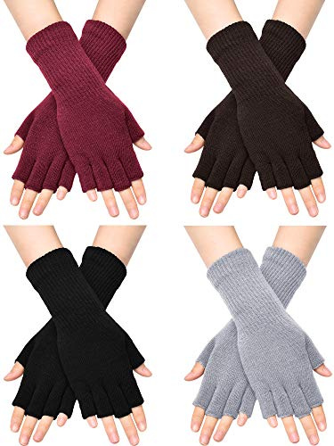 SATINIOR 4 Pairs Winter Fingerless Gloves for Women Half Finger Typing Gloves with Long Wrist Cuff Knit Fingerless Mittens for Women (Black,Red,Light Grey,Coffee)