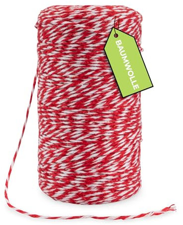 Rietlow® Corda cotone 200 m, spago da cucina, spago per decorazioni, spago per alimenti, spago per salumi, cotone naturale per cucinare e cuocere al forno, filato da cucina, rosso/bianco