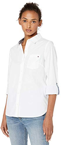 Tommy Hilfiger - Camicia da Donna con Colletto e Bottoni, Maniche Regolabili, a Tinta Unita, Bianco Brillante, XL