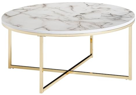 WOHNLING Basse 80x36x80 cm Aspect marbre Blanc | Table de Salon avec Structure en métal | Table Basse Table Ronde Salon | Table d'appoint