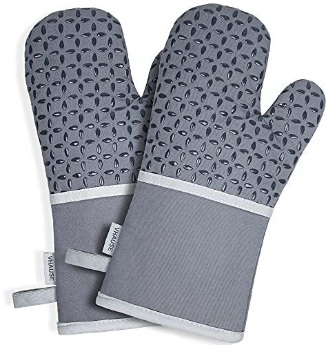 VHAUSE Ofenhandschuhe Paar Topfhandschuhe Hitzebeständig 235 ° C - Grau Baumwolle Backhandschuhe mit Rutschfestem Silikon Eingriff, Lange Backofen Handschuhe Kochhandschuhe für Frauen Männer