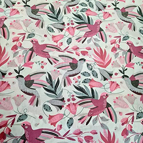 100x160cm Vogel 100% Baumwolle Baumwollstoff Kinder Meterware Handwerken Nähen Stoff (Vogel Kolibri Rosa Pink Grau, 100x160cm (11,99€/m))
