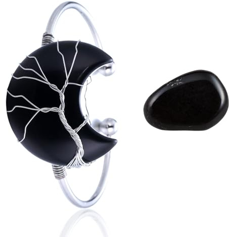 HALUKAKAH Bracciale in Cristallo di Pietra Naturale - LUNA AMORE - Filo Avvolgente Albero della Vita Placcato in Platino Fatto a Mano,Ciondolo in Forma di Luna in Ossidiana Misura Regolabile
