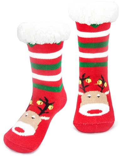 Tolumo Chaussons chaussettes pour homme et femme - Maintien de la chaleur - Chaussettes tricotées - Chaussons de lit pelucheux - Taille unique - Antidérapants, Cerf rouge., Taille unique