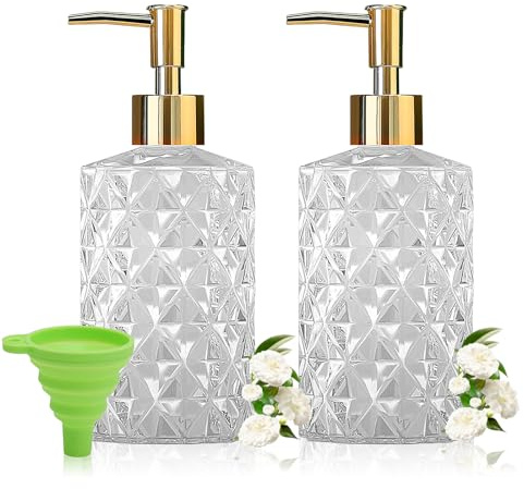 Tvålpump med klart glas, 2 stycken/11 uns flytande tvåldispenser set för diskbänk och badrum, diskmedelsdispenserset, glaslotion, glas tvåldispenserflaskor med gyllene pump (klar)