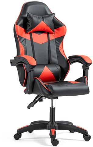 Panana Heavy Duty Gaming Reclining Racing Chair PU Leather Swivel PC Game Desk Chair (Red)